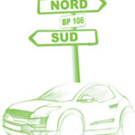 Voiture devant un panneau nord/sud